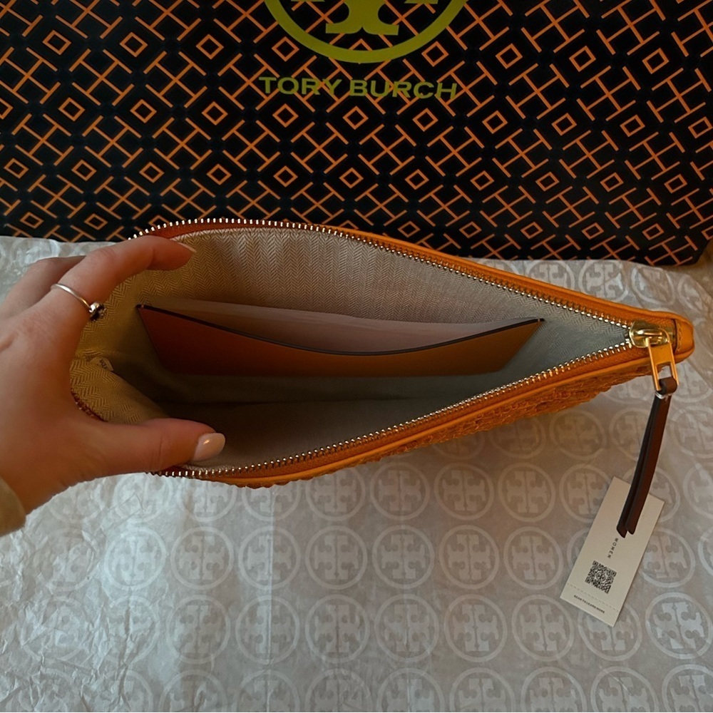 Tory Burch T Monogram Embroidered Straw Pouch Orange Citrine - Picture 7 of 11